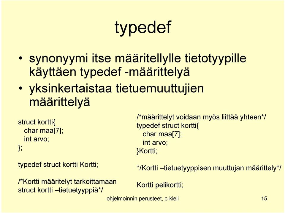 kortti{ char maa[7]; int arvo; }Kortti; typedef struct kortti Kortti; */Kortti tietuetyyppisen muuttujan