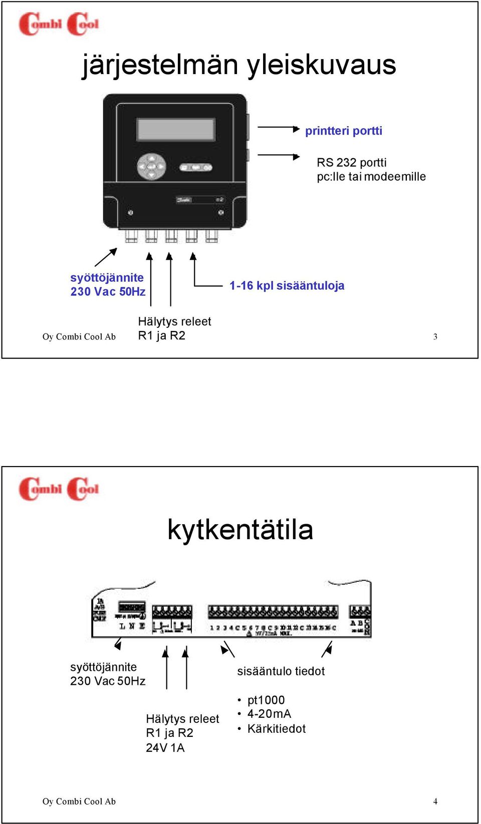 R1 ja R2 Oy Combi Cool Ab 3 kytkentätila syöttöjännite 230 Vac 50Hz Hälytys