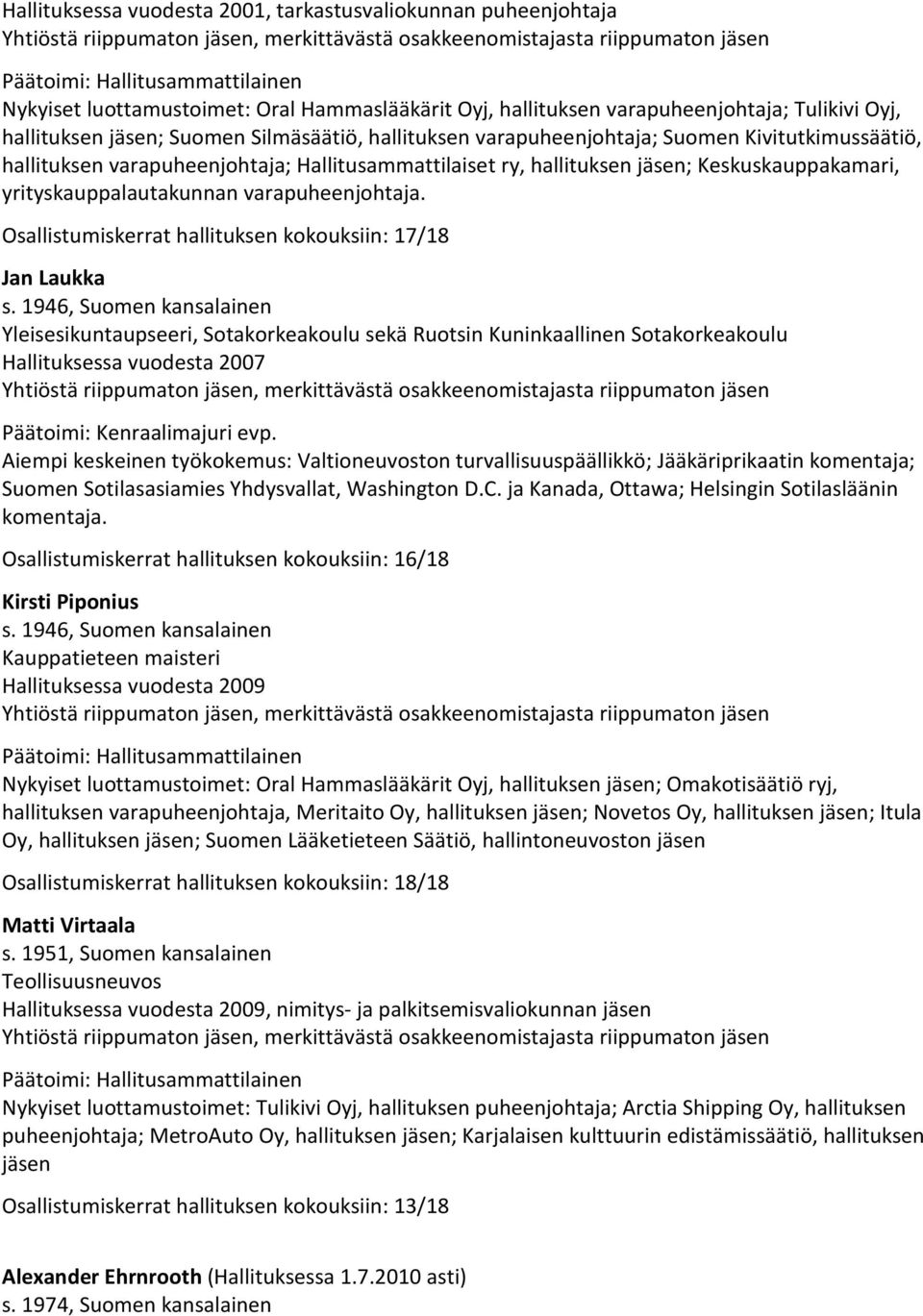 Osallistumiskerrat hallituksen kokouksiin: 17/18 Jan Laukka Yleisesikuntaupseeri, Sotakorkeakoulu sekä Ruotsin Kuninkaallinen Sotakorkeakoulu Hallituksessa vuodesta 2007 Päätoimi: Kenraalimajuri evp.