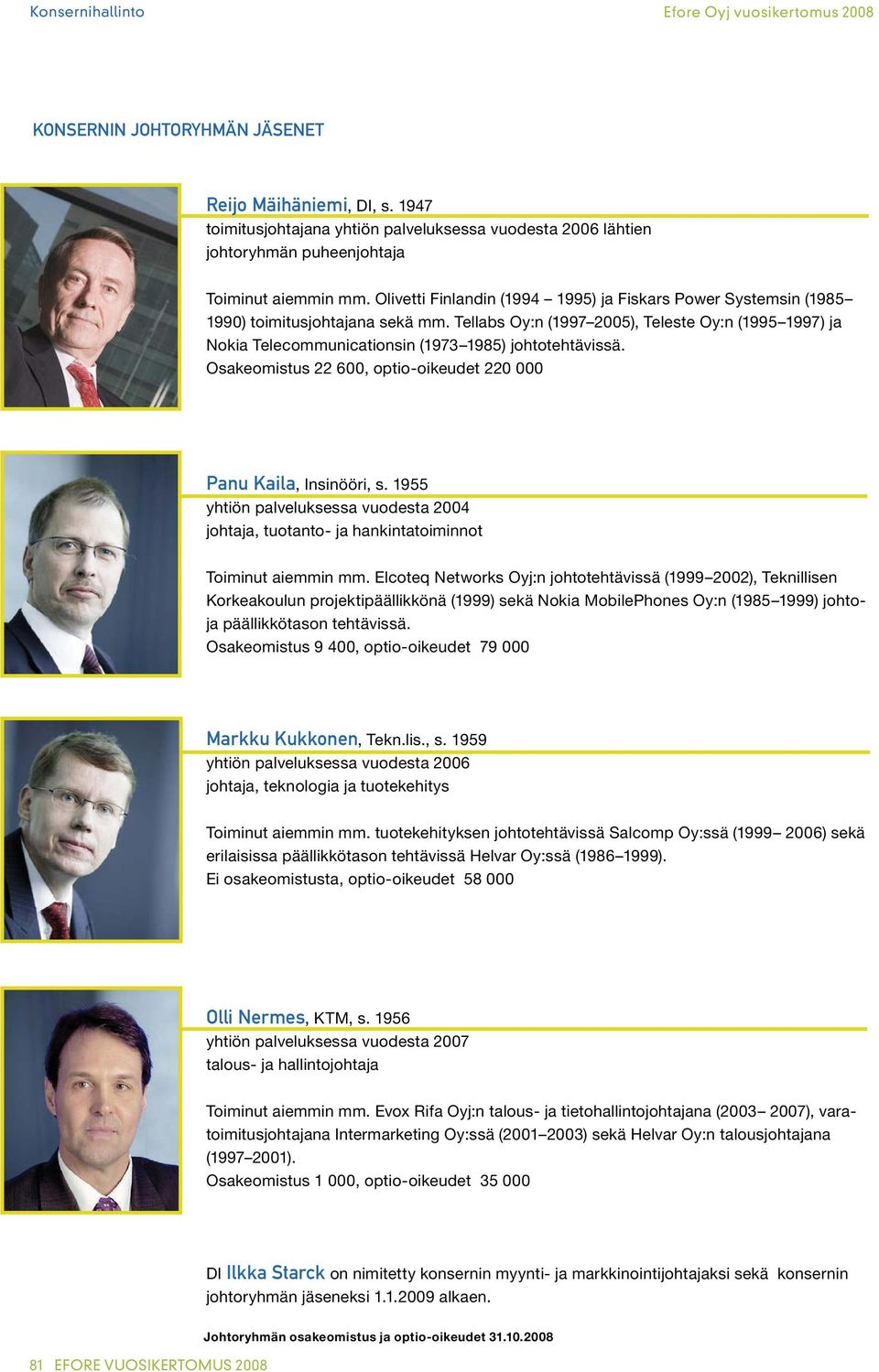 Tellabs Oy:n (1997 2005), Teleste Oy:n (1995 1997) ja Nokia Telecommunicationsin (1973 1985) johtotehtävissä. Osakeomistus 22 600, optio-oikeudet 220 000 Panu Kaila, Insinööri, s.