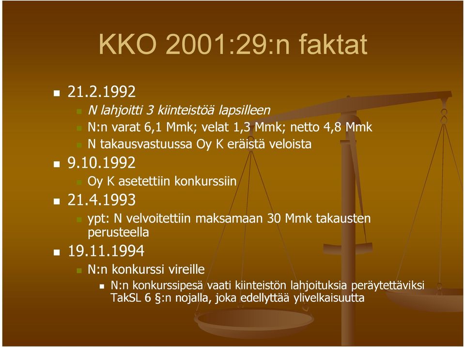 4,8 Mmk N takausvastuussa Oy K eräistä veloista 9.10.1992 Oy K asetettiin konkurssiin 21.4.1993 ypt: N velvoitettiin maksamaan 30 Mmk takausten perusteella 19.