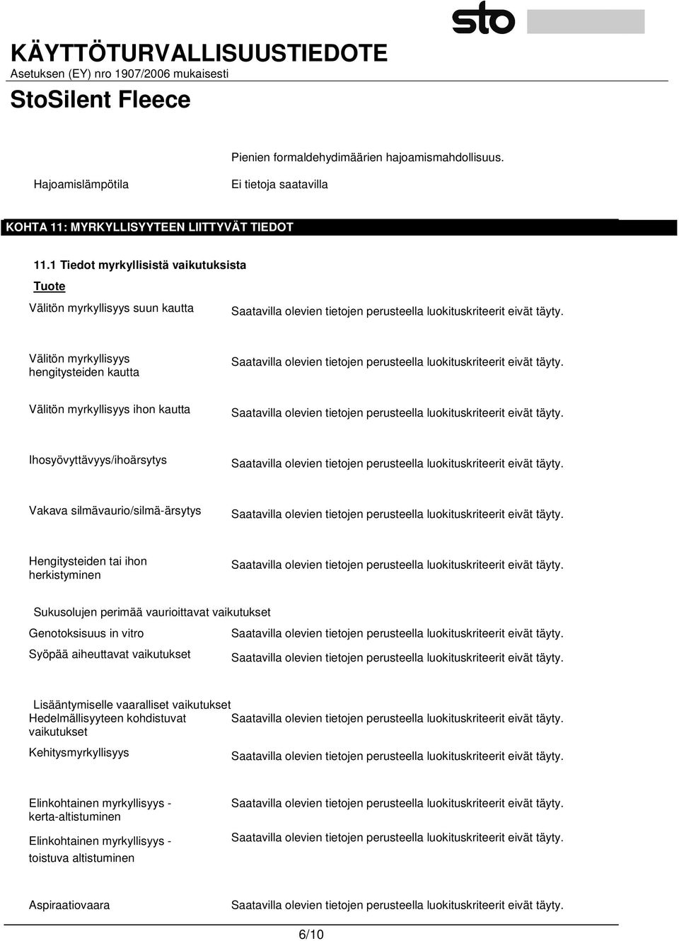 Ihosyövyttävyys/ihoärsytys Vakava silmävaurio/silmä-ärsytys Hengitysteiden tai ihon herkistyminen Sukusolujen perimää vaurioittavat vaikutukset Genotoksisuus in vitro
