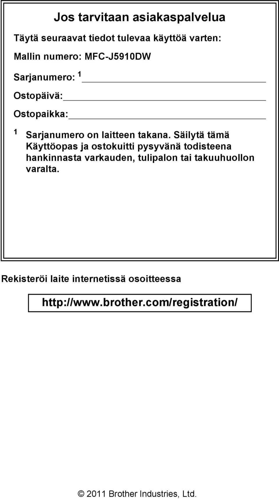 Säilytä tämä Käyttöopas ja ostokuitti pysyvänä todisteena hankinnasta varkauden, tulipalon tai