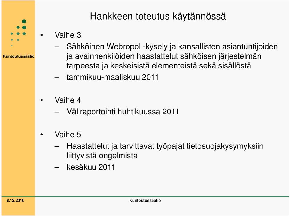 keskeisistä elementeistä sekä sisällöstä tammikuu-maaliskuu 2011 Vaihe 4 Väliraportointi