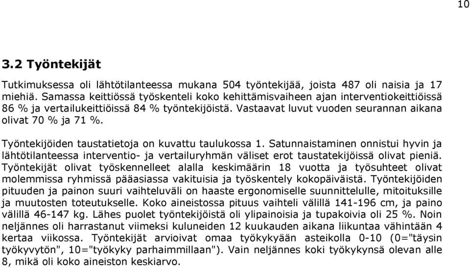 Työntekijöiden taustatietoja on kuvattu taulukossa 1. Satunnaistaminen onnistui hyvin ja lähtötilanteessa interventio ja vertailuryhmän väliset erot taustatekijöissä olivat pieniä.