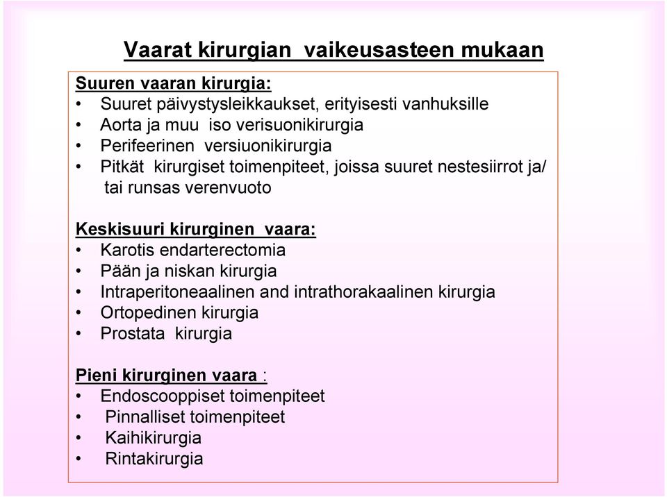 Keskisuuri kirurginen vaara: Karotis endarterectomia Pään ja niskan kirurgia Intraperitoneaalinen and intrathorakaalinen kirurgia