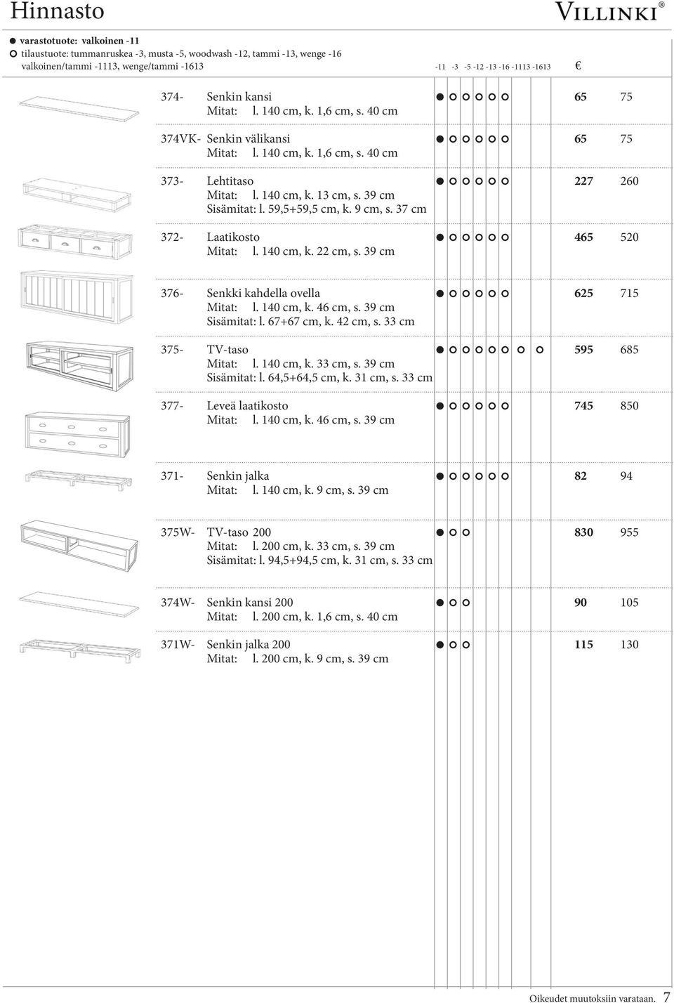 67+67 cm, k. 42 cm, s. 33 cm 375- TV-taso 595 685 Mitat: l. 140 cm, k. 33 cm, s. 39 cm Sisämitat: l. 64,5+64,5 cm, k. 31 cm, s. 33 cm 377- Leveä laatikosto 745 850 Mitat: l. 140 cm, k. 46 cm, s.