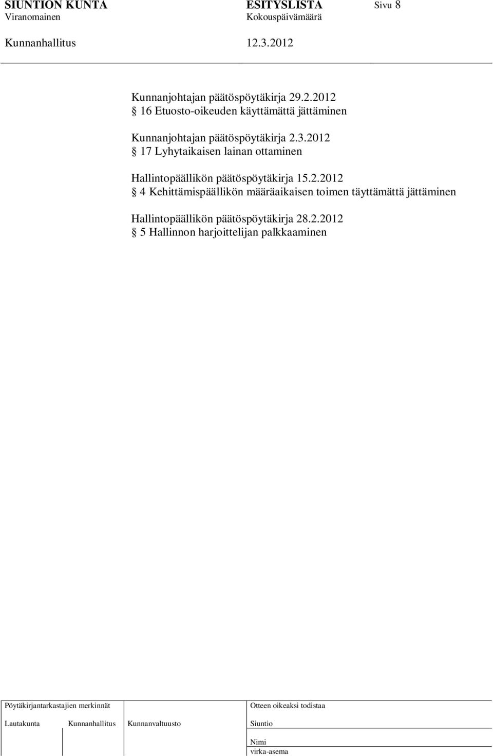 2012 17 Lyhytaikaisen lainan ottaminen Hallintopäällikön päätöspöytäkirja 15.2.2012 4