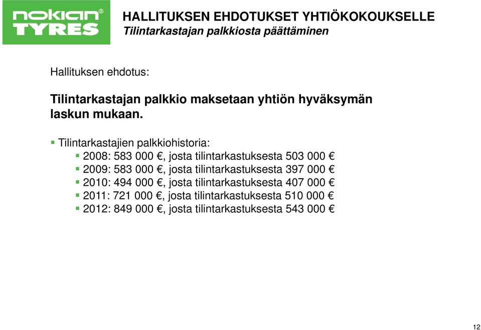 Tilintarkastajien palkkiohistoria: 2008: 583 000, josta tilintarkastuksesta 503 000 2009: 583 000,