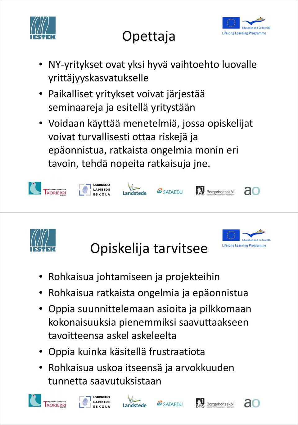 jne. Opiskelija tarvitsee Rohkaisua johtamiseen ja projekteihin Rohkaisua ratkaista ongelmia ja epäonnistua Oppia suunnittelemaan asioita ja pilkkomaan