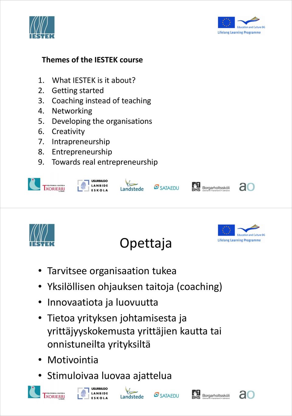 Towards real entrepreneurship Opettaja Tarvitsee organisaation tukea Yksilöllisen ohjauksen taitoja (coaching)