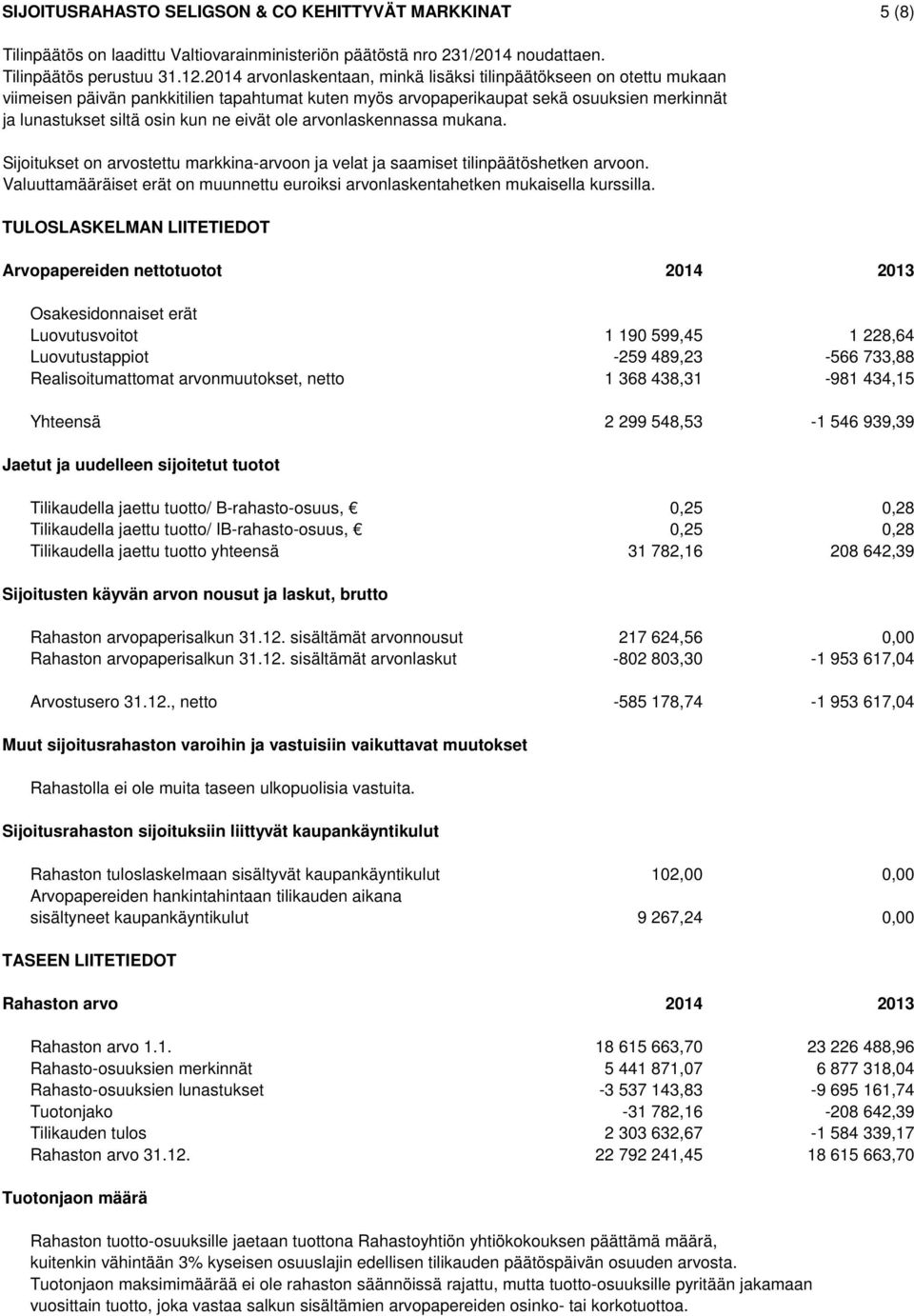 eivät ole arvonlaskennassa mukana. Sijoitukset on arvostettu markkina-arvoon ja velat ja saamiset tilinpäätöshetken arvoon.