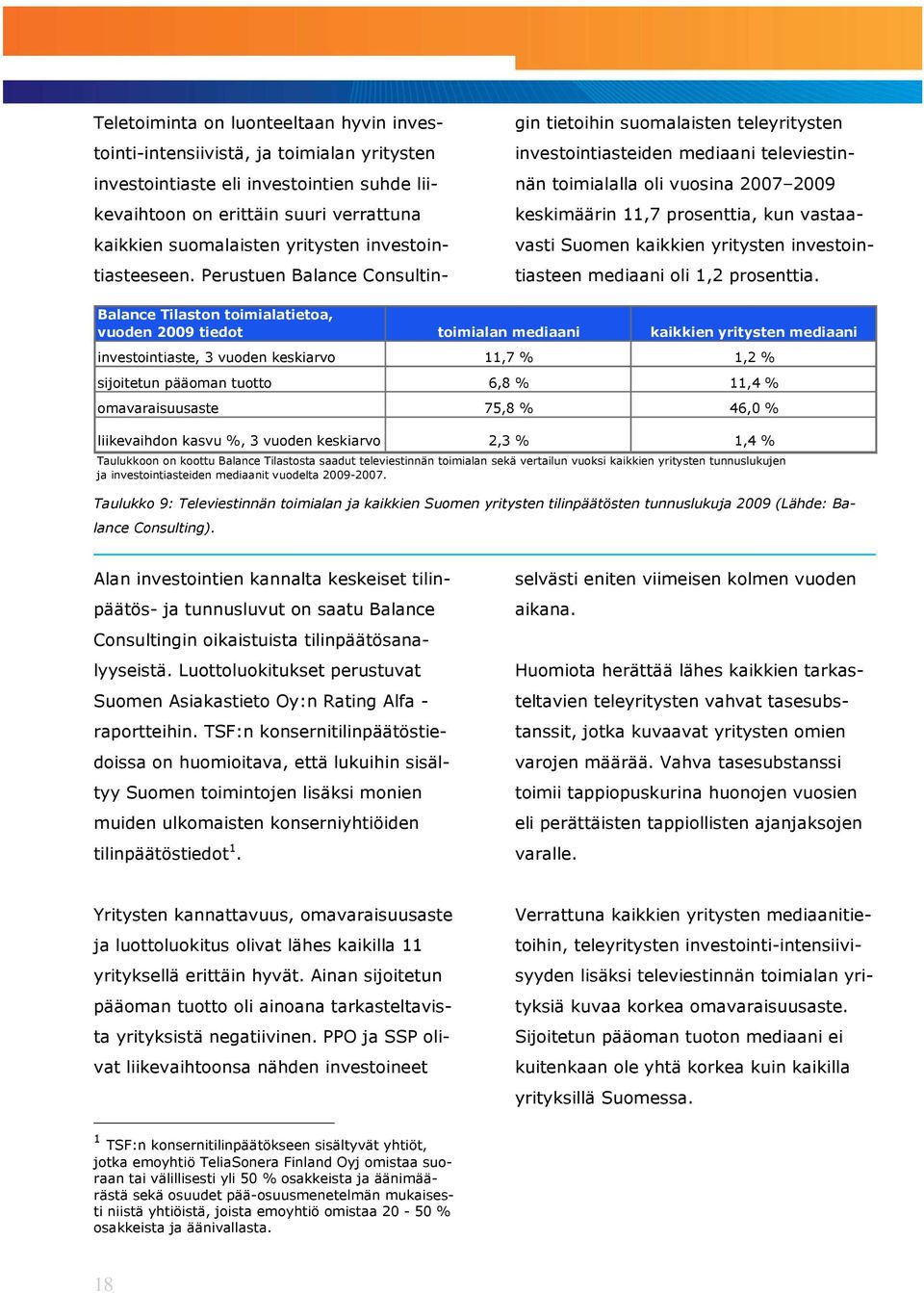 Perustuen Balance Consultingin tietoihin suomalaisten teleyritysten investointiasteiden mediaani televiestinnän toimialalla oli vuosina 2007 2009 keskimäärin 11,7 prosenttia, kun vastaavasti Suomen