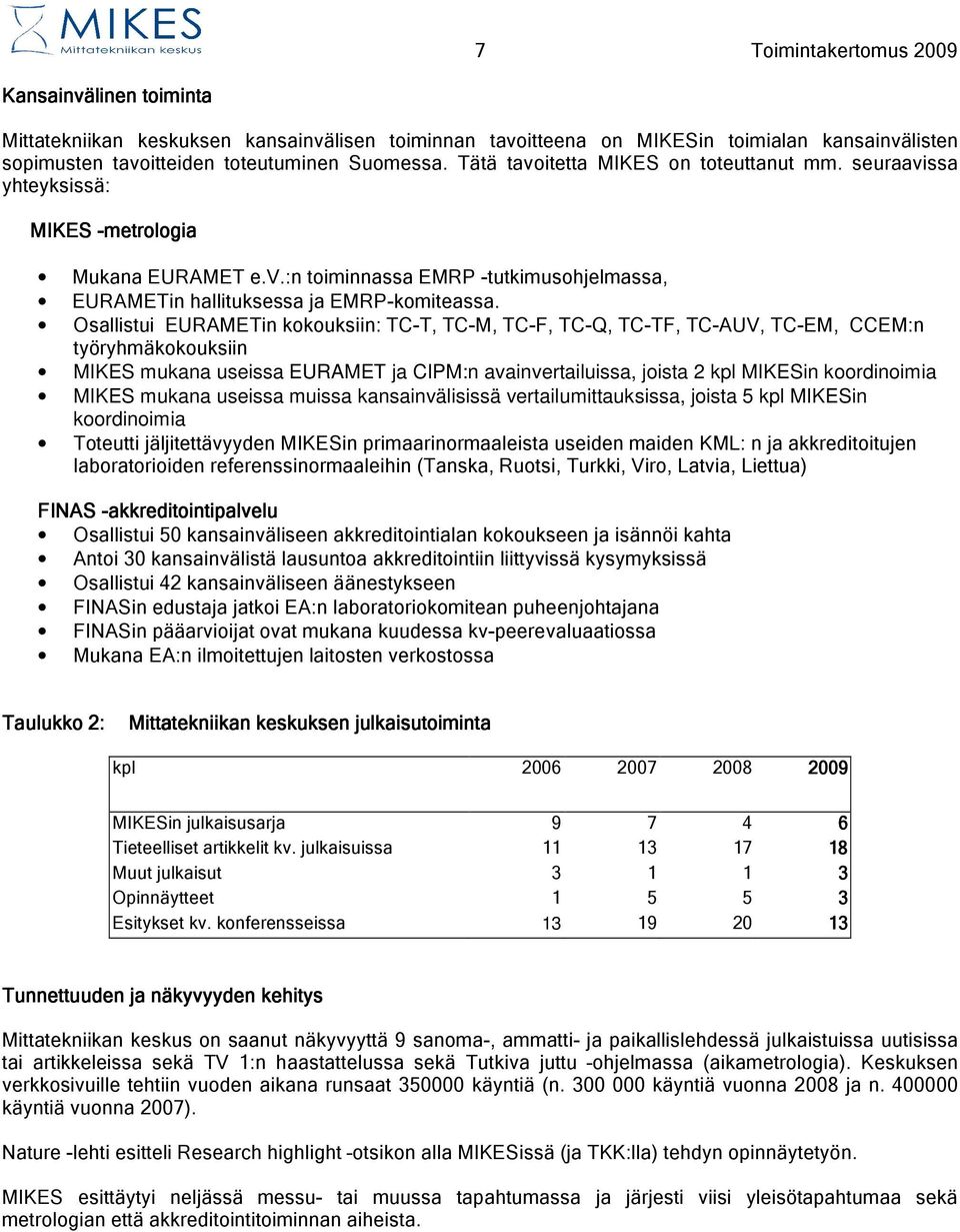 Osallistui EURAMETin kokouksiin: TC-T, TC-M, TC-F, TC-Q, TC-TF, TC-AUV, TC-EM, CCEM:n työryhmäkokouksiin MIKES mukana useissa EURAMET ja CIPM:n avainvertailuissa, joista 2 kpl MIKESin koordinoimia