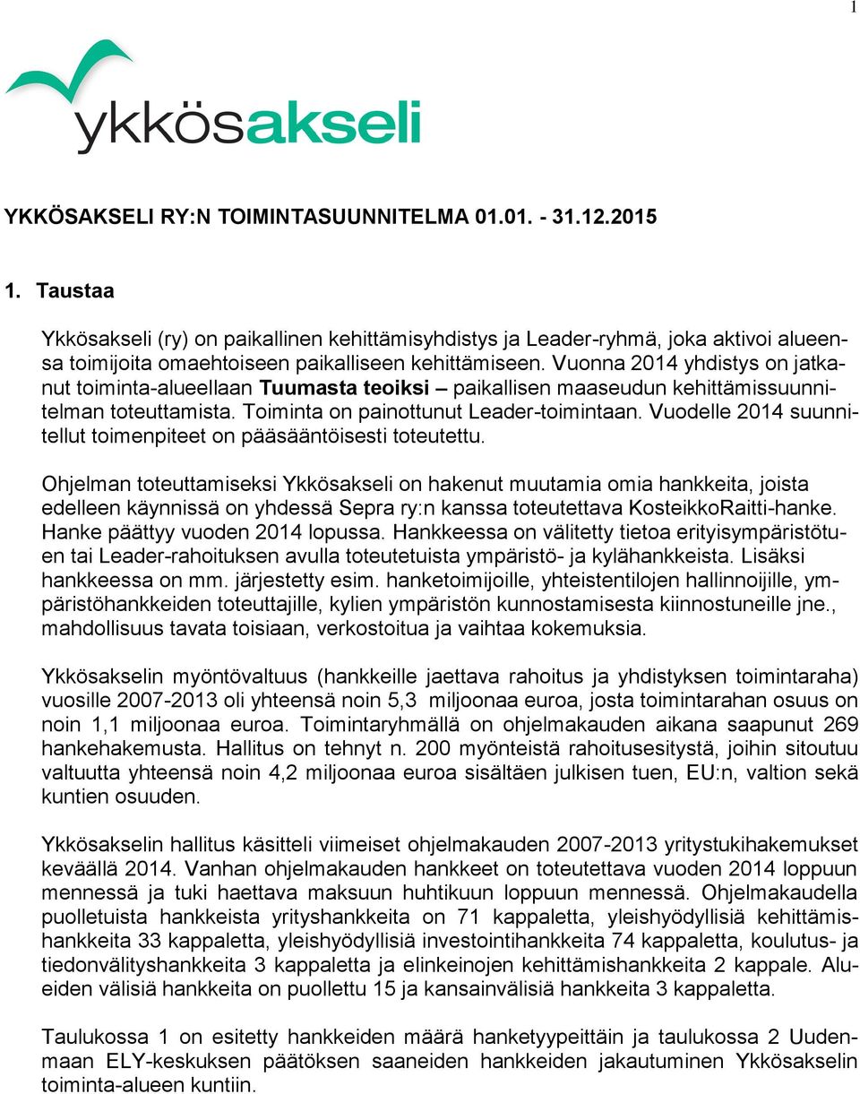 Vuonna 2014 yhdistys on jatkanut toiminta-alueellaan Tuumasta teoiksi paikallisen maaseudun kehittämissuunnitelman toteuttamista. Toiminta on painottunut Leader-toimintaan.