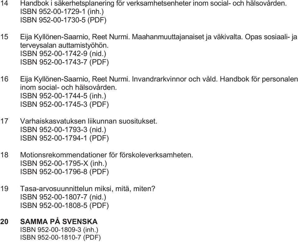 Handbok för personalen inom social- och hälsovården. ISBN 952-00-1744-5 (inh.) ISBN 952-00-1745-3 (PDF) 17 Varhaiskasvatuksen liikunnan suositukset. ISBN 952-00-1793-3 (nid.