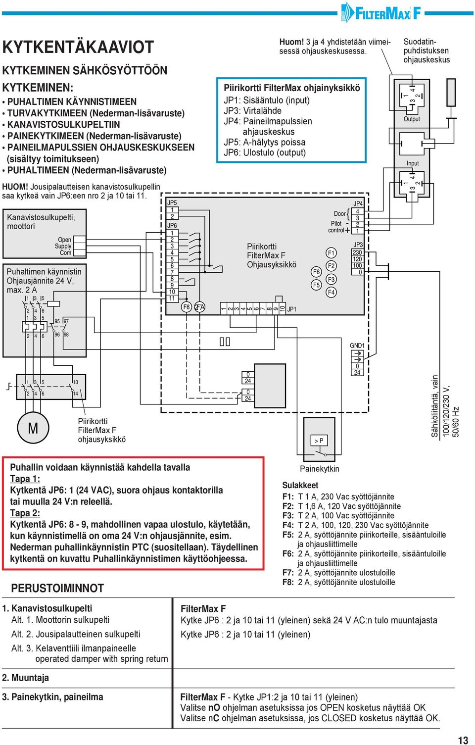 Kanavistosulkupelti, moottori 3 5 4 6 3 5 Open Supply Com uhaltimen käynnistin Ohjausjännite 4 V, max. A 95 97 J5 J6 3 4 5 6 7 8 9 F8 F7A 3 4 56 iirikortti FilterMax F Ohjausyksikkö 7 89 Huom!