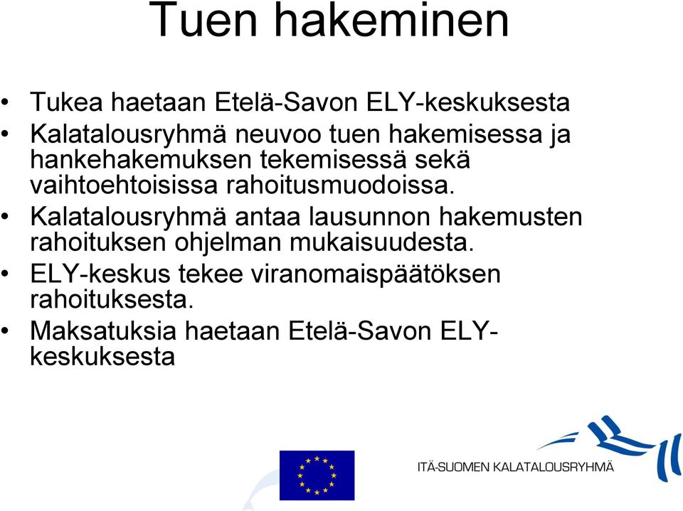 Kalatalousryhmä antaa lausunnon hakemusten rahoituksen ohjelman mukaisuudesta.