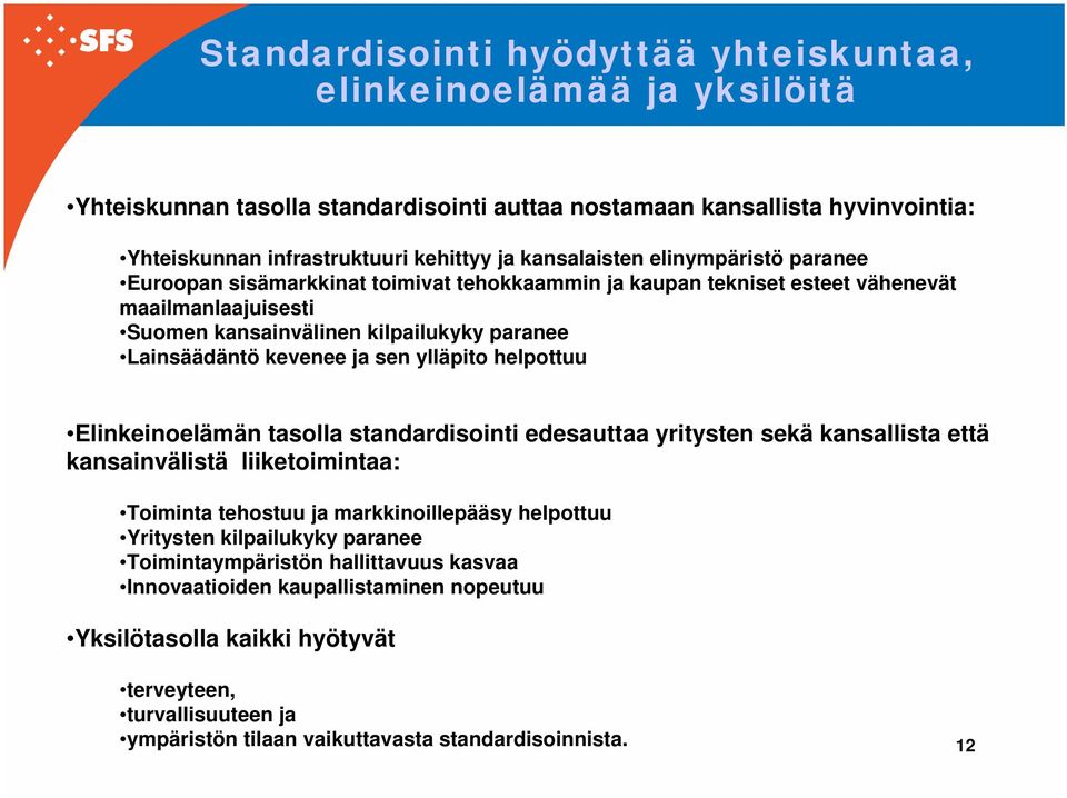 ja sen ylläpito helpottuu Elinkeinoelämän tasolla standardisointi edesauttaa yritysten sekä kansallista että kansainvälistä liiketoimintaa: Toiminta tehostuu ja markkinoillepääsy helpottuu Yritysten