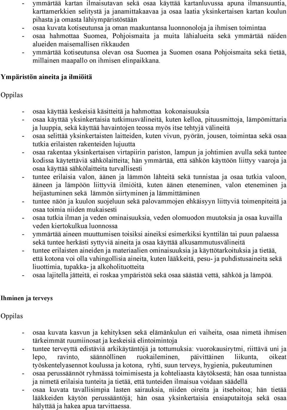 maisemallisen rikkauden - ymmärtää kotiseutunsa olevan osa Suomea ja Suomen osana Pohjoismaita sekä tietää, millainen maapallo on ihmisen elinpaikkana.