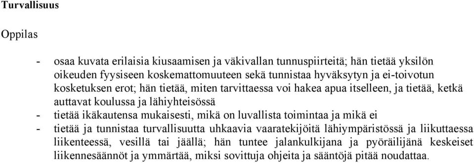 tietää ikäkautensa mukaisesti, mikä on luvallista toimintaa ja mikä ei - tietää ja tunnistaa turvallisuutta uhkaavia vaaratekijöitä lähiympäristössä ja