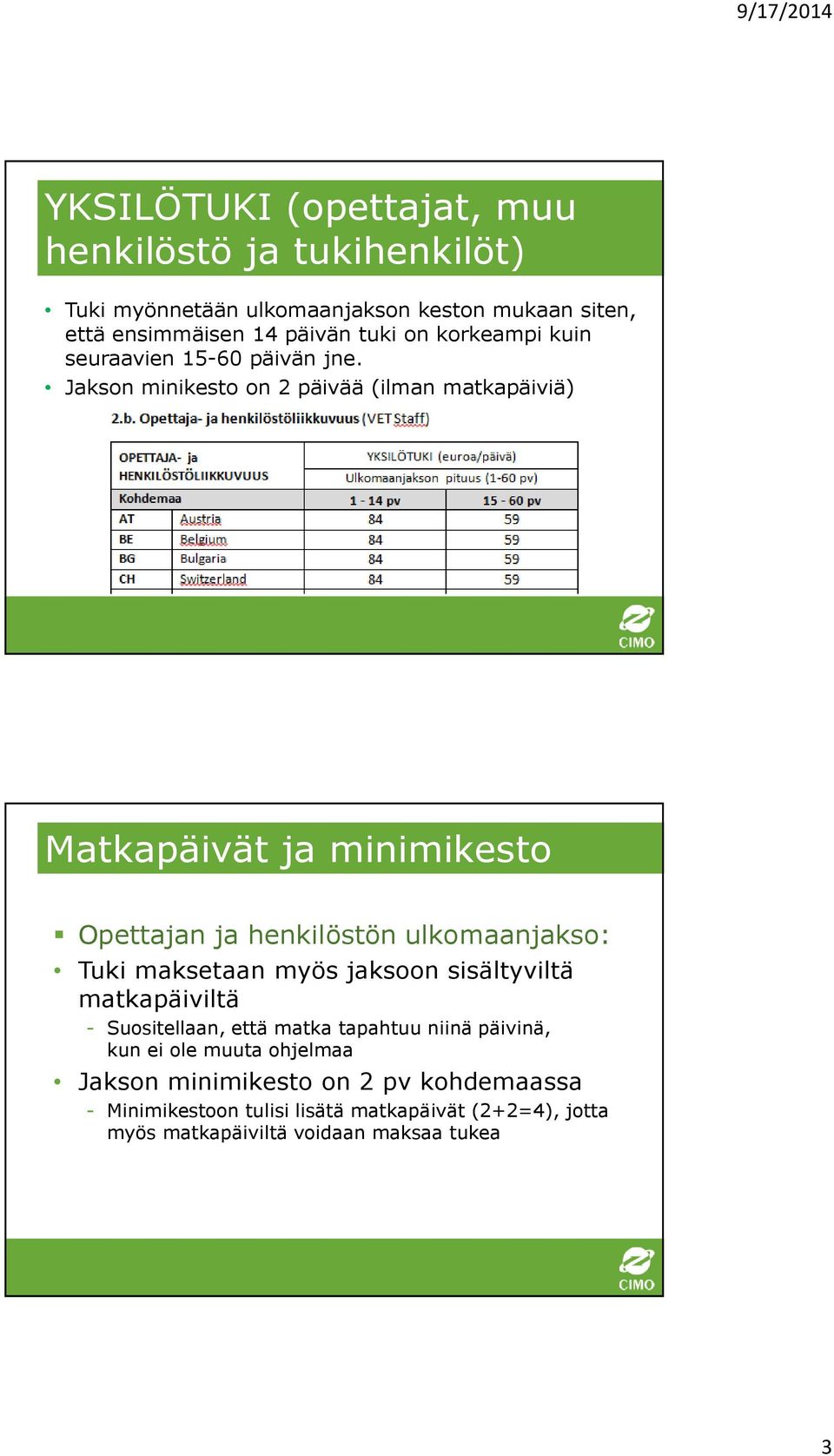 Jakson minikesto on 2 päivää (ilman matkapäiviä) Matkapäivät ja minimikesto Opettajan ja henkilöstön ulkomaanjakso: Tuki maksetaan myös
