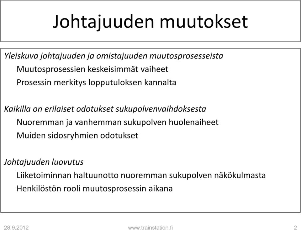 sukupolvenvaihdoksesta Nuoremman ja vanhemman sukupolven huolenaiheet Muiden sidosryhmien odotukset