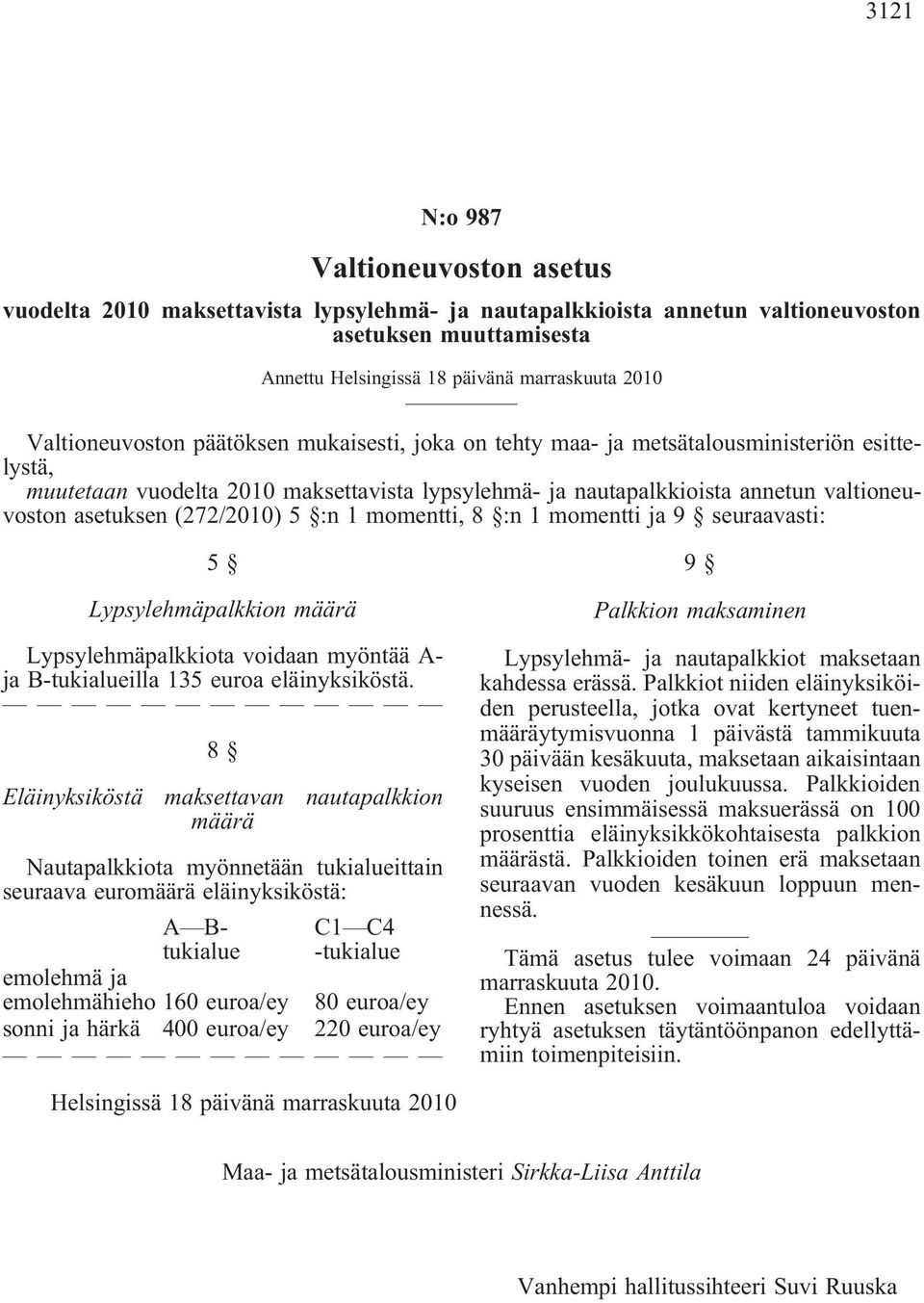 (272/2010) 5 :n 1 momentti, 8 :n 1 momentti ja 9 seuraavasti: 5 Lypsylehmäpalkkion määrä Lypsylehmäpalkkiota voidaan myöntää A- ja B-tukialueilla 135 euroa eläinyksiköstä.