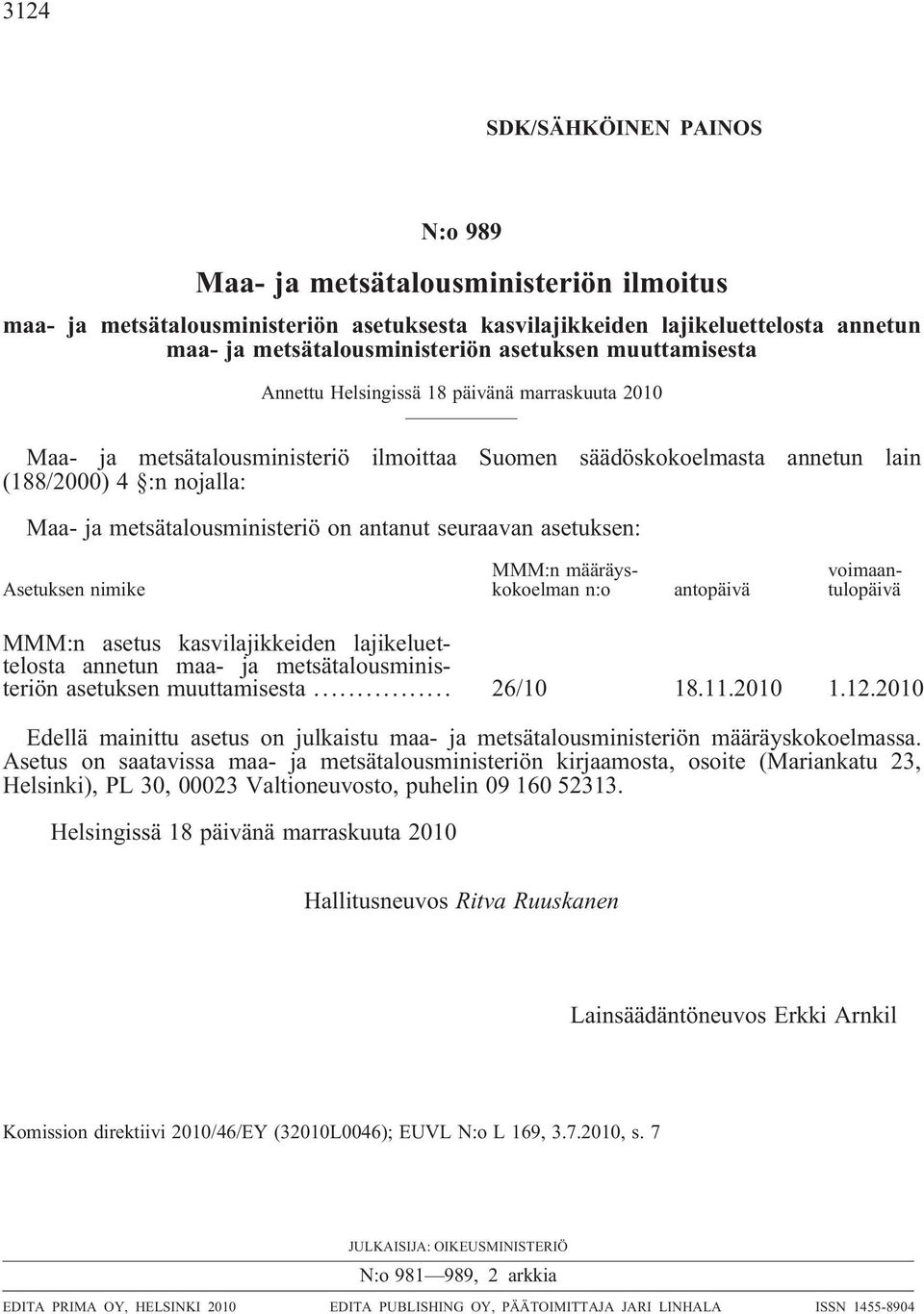 metsätalousministeriö on antanut seuraavan asetuksen: Asetuksen nimike MMM:n määräyskokoelman n:o antopäivä voimaantulopäivä MMM:n asetus kasvilajikkeiden lajikeluettelosta annetun maa- ja