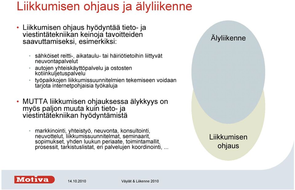 tarjota internetpohjaisia työkaluja MUTTA liikkumisen ohjauksessa älykkyys on myös paljon muuta kuin tieto- ja viestintätekniikan hyödyntämistä markkinointi, yhteistyö, neuvonta,