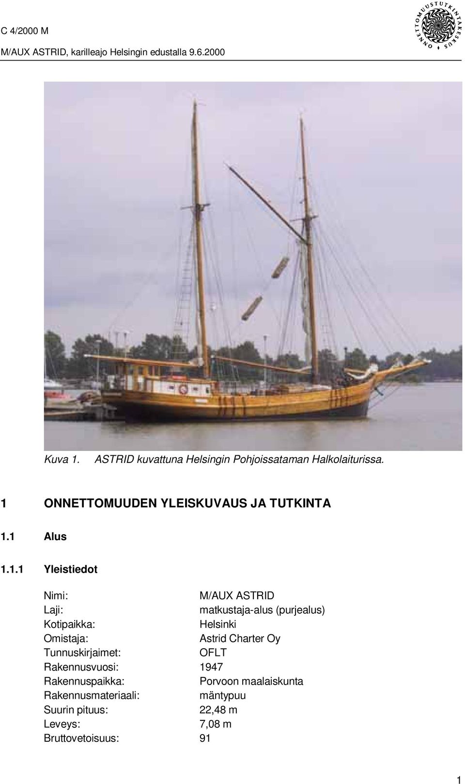 matkustaja-alus (purjealus) Kotipaikka: Helsinki Omistaja: Astrid Charter Oy Tunnuskirjaimet: OFLT