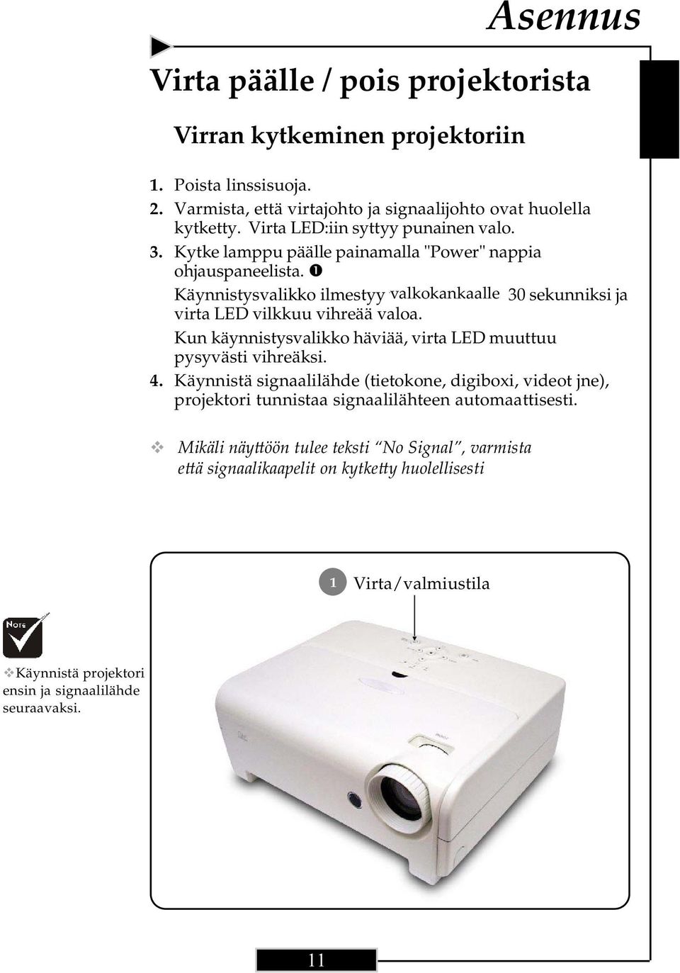 Käynnistysvalikko ilmestyy valkokankaalle 30 sekunniksi ja virta LED vilkkuu vihreää valoa. Kun käynnistysvalikko häviää, virta LED muuttuu pysyvästi vihreäksi. 4.