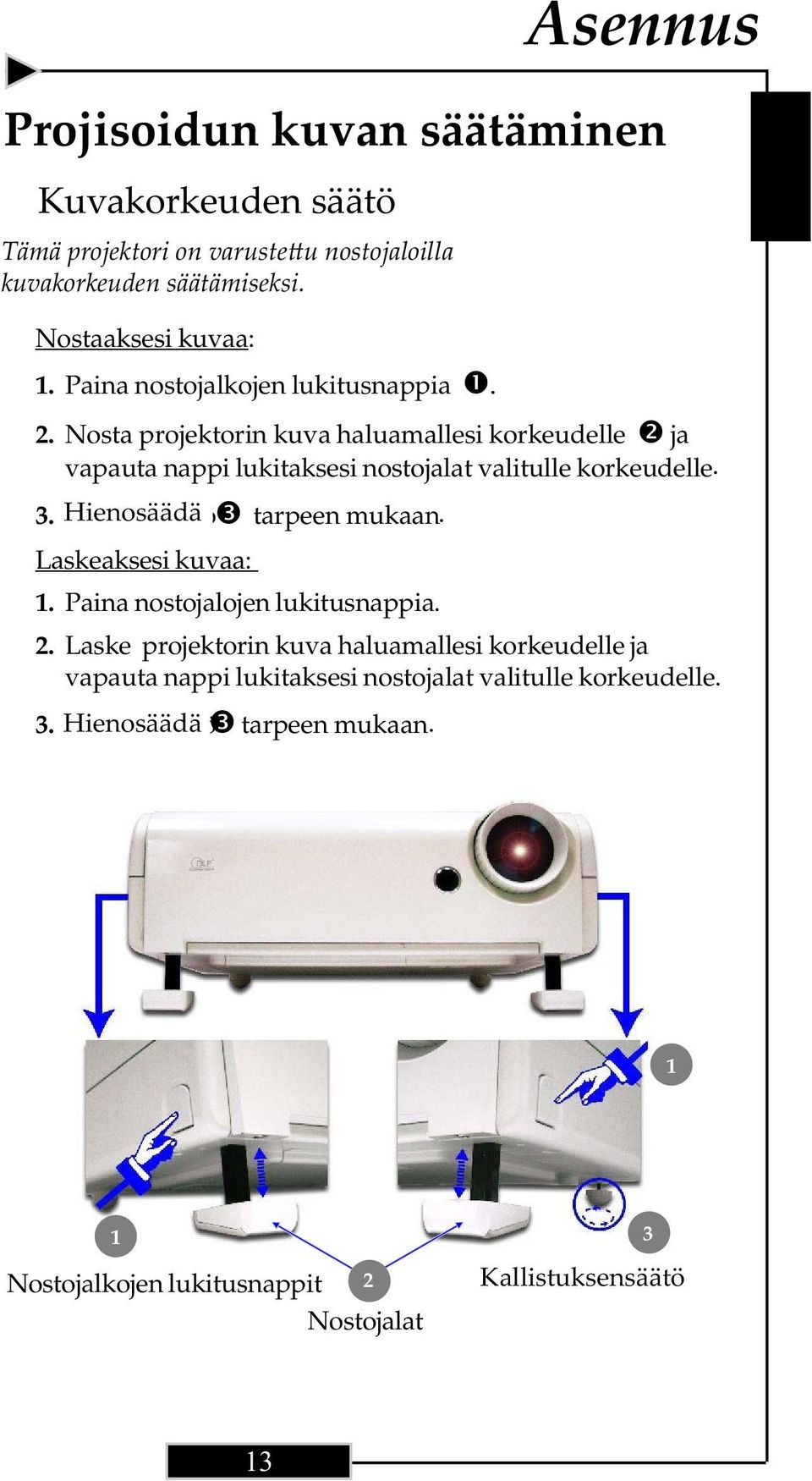 Nosta projektorin kuva haluamallesi korkeudelle ja vapauta nappi lukitaksesi nostojalat valitulle korkeudelle. 3. Hienosäädäö tarpeen mukaan. Laskeaksesi kuvaa: 1.