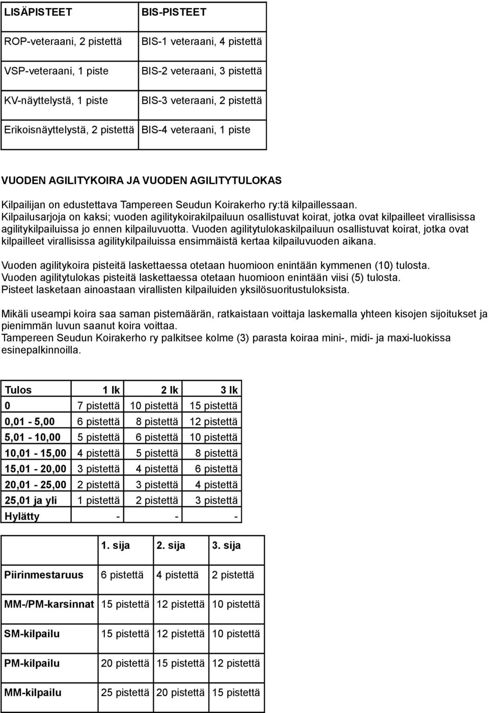 Kilpailusarjoja on kaksi; vuoden agilitykoirakilpailuun osallistuvat koirat, jotka ovat kilpailleet virallisissa agilitykilpailuissa jo ennen kilpailuvuotta.