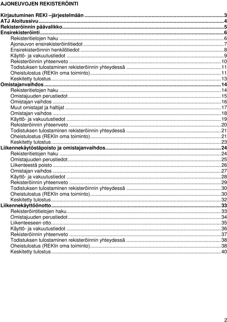 ..11 Keskitetty tulostus...13 Omistajanvaihdos...14 Rekisteritietojen haku...14 Omistajuuden perustiedot...15 Omistajan vaihdos...16 Muut omistajat ja haltijat...17 Omistajan vaihdos.