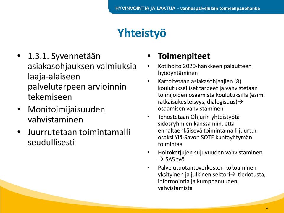 Kotihoito 2020-hankkeen palautteen hyödyntäminen Kartoitetaan asiakasohjaajien (8) koulutukselliset tarpeet ja vahvistetaan toimijoiden osaamista koulutuksilla (esim.