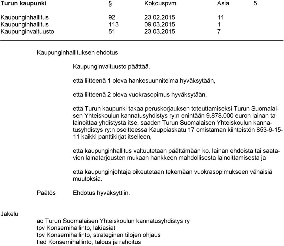 000 euron lainan tai lainoittaa yhdistystä itse, saaden Turun Suomalaisen Yhteiskoulun kannatusyhdistys ry:n osoitteessa Kauppiaskatu 17 omistaman kiinteistön 853-6-15-11 kaikki panttikirjat