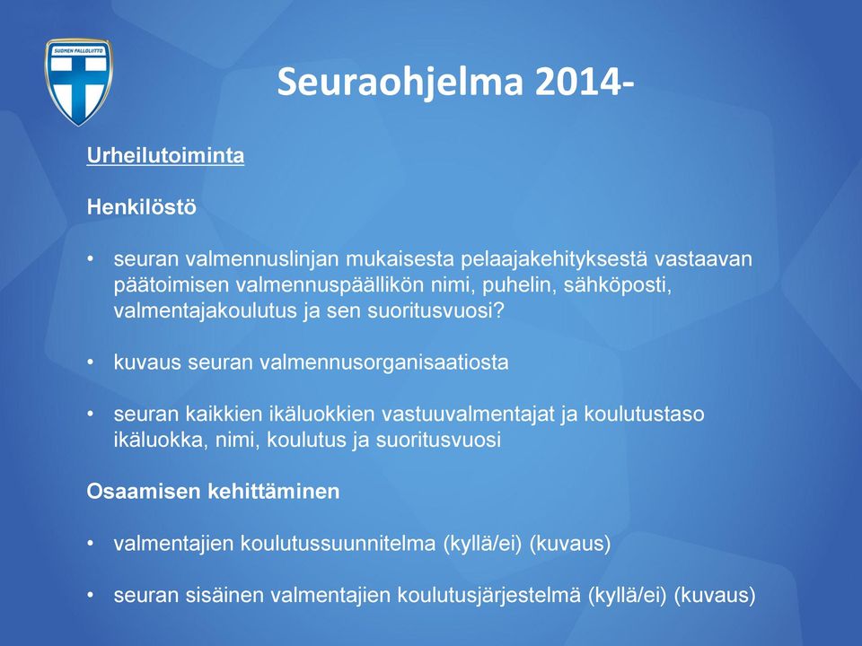 kuvaus seuran valmennusorganisaatiosta seuran kaikkien ikäluokkien vastuuvalmentajat ja koulutustaso ikäluokka, nimi,