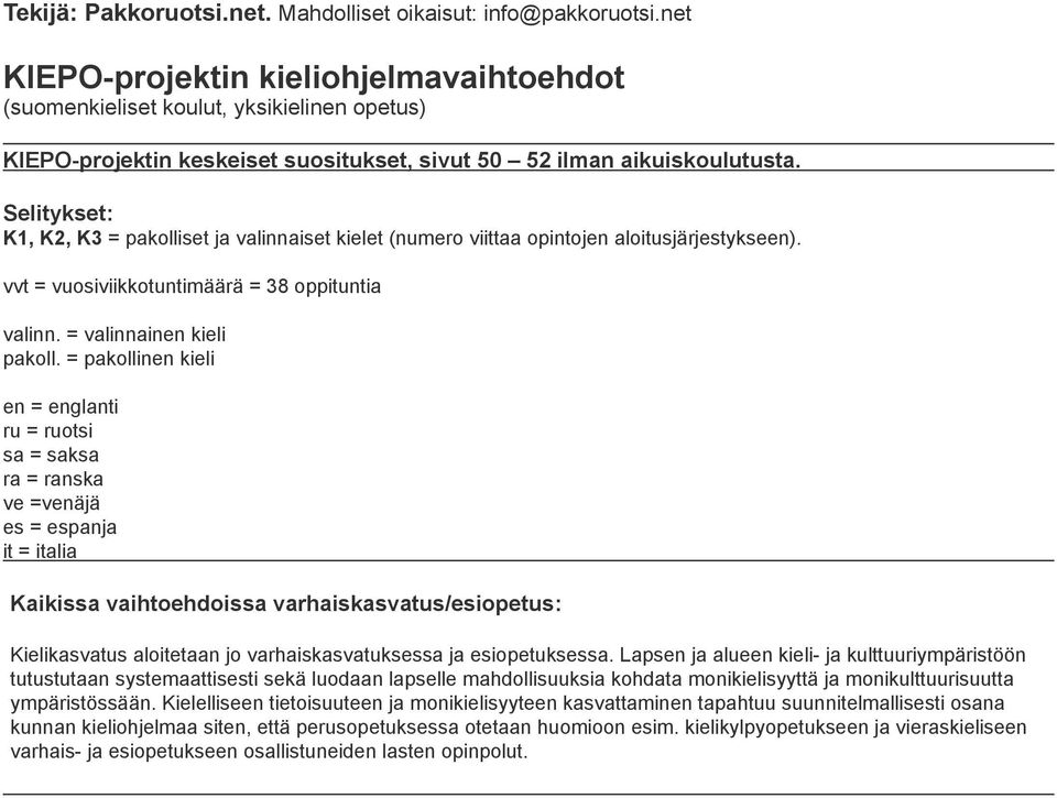 Selitykset: K1, K2, K3 = pakolliset ja valinnaiset kielet (numero viittaa opintojen aloitusjärjestykseen). vvt = vuosiviikkotuntimäärä = 38 oppituntia valinn. = valinnainen kieli pakoll.