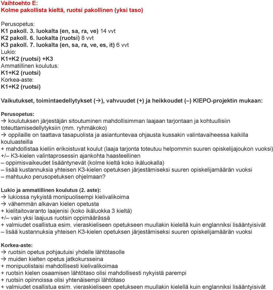 +/ K3-kielen valintaprosessin ajankohta haasteellinen oppimisvaikeudet lisääntynevät (kolme kieltä koko ikäluokalla) lisää kustannuksia yhteisen K3-kielen opetuksen järjestämiseksi suuren