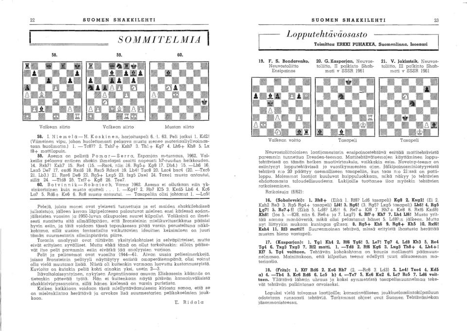K 0 s k i n en, harjoituspeli 6.1. 63. Peli jatkui 1. Kd2! (Viim.einen vipu, johon huolettomasti pela:ava musta menee ma'teriaaliylivoima staan huolimatta.) 1. - TcB?? 2. Txh7 + lgch7 3. T,hl + Kg7 4.