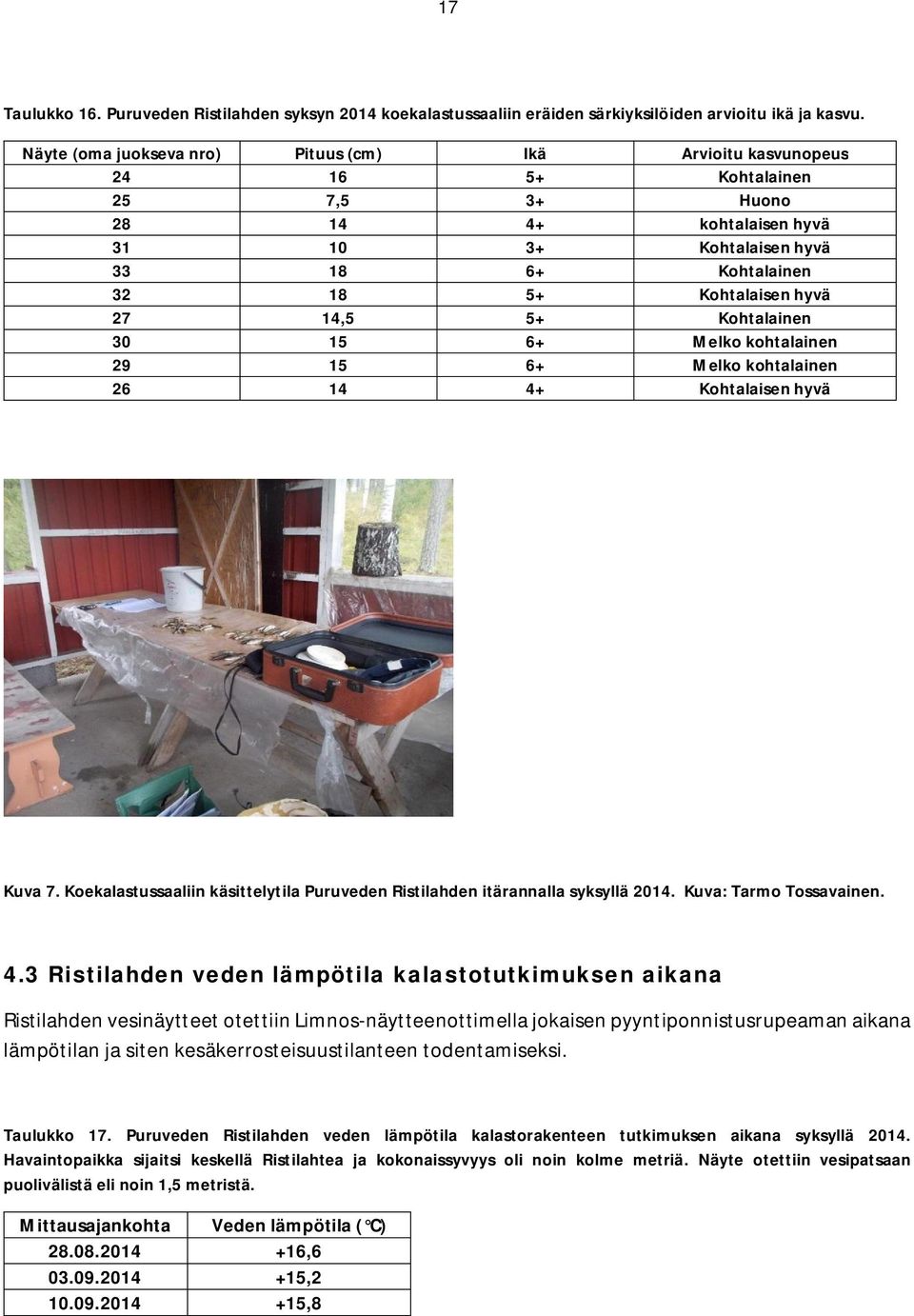 27 14,5 5+ Kohtalainen 30 15 6+ Melko kohtalainen 29 15 6+ Melko kohtalainen 26 14 4+ Kohtalaisen hyvä Kuva 7. Koekalastussaaliin käsittelytila Puruveden Ristilahden itärannalla syksyllä 2014.