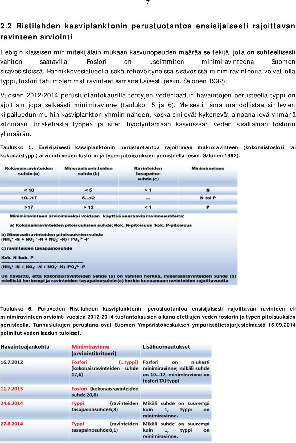 Rannikkovesialueella sekä rehevöityneissä sisävesissä minimiravinteena voivat olla typpi, fosfori tahi molemmat ravinteet samanaikaisesti (esim. Salonen 1992).