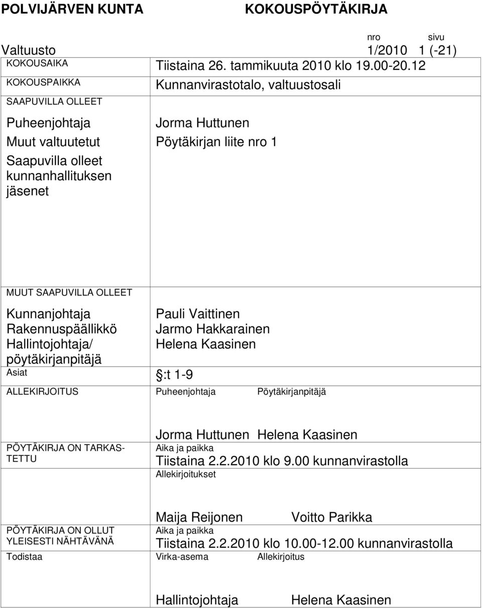 SAAPUVILLA OLLEET Kunnanjohtaja Pauli Vaittinen Rakennuspäällikkö Jarmo Hakkarainen Hallintojohtaja/ Helena Kaasinen pöytäkirjanpitäjä Asiat :t 1-9 ALLEKIRJOITUS Puheenjohtaja Pöytäkirjanpitäjä