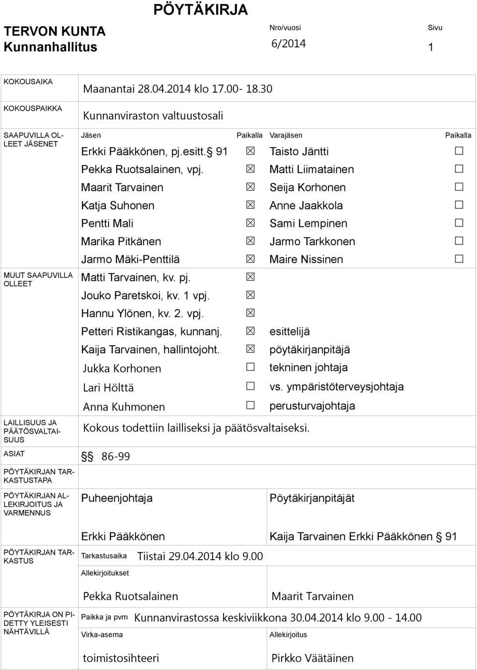 Paikalla Varajäsen Paikalla Erkki Pääkkönen, pj.esitt. 91 Pekka Ruotsalainen, vpj. Maarit Tarvainen Katja Suhonen Pentti Mali Marika Pitkänen Jarmo Mäki-Penttilä Matti Tarvainen, kv. pj. Jouko Paretskoi, kv.