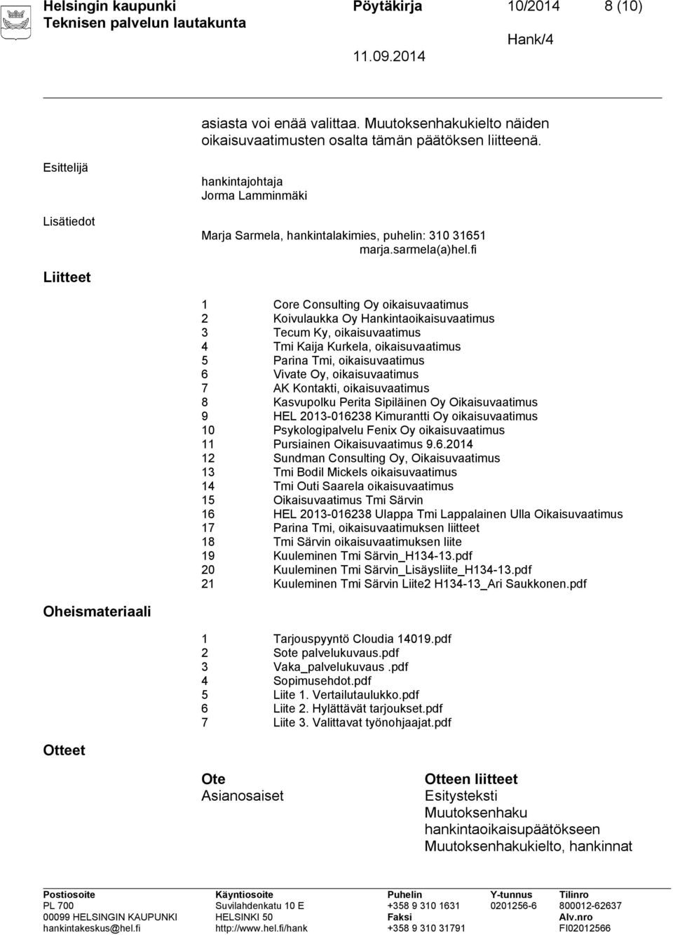 fi Liitteet 1 Core Consulting Oy oikaisuvaatimus 2 Koivulaukka Oy Hankintaoikaisuvaatimus 3 Tecum Ky, oikaisuvaatimus 4 Tmi Kaija Kurkela, oikaisuvaatimus 5 Parina Tmi, oikaisuvaatimus 6 Vivate Oy,