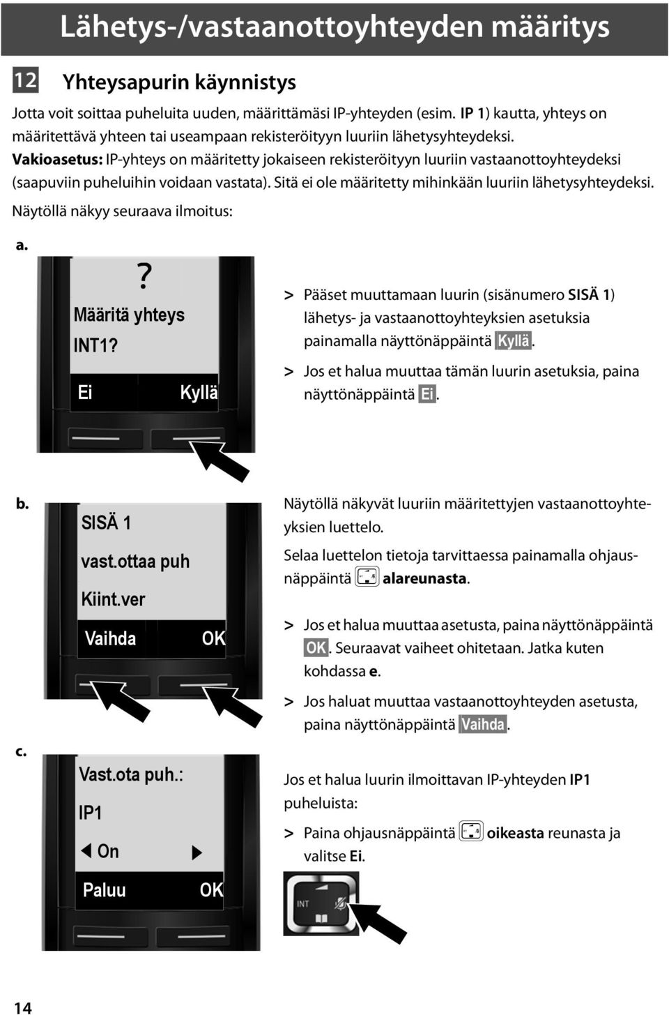 Vakioasetus: IP-yhteys on määritetty jokaiseen rekisteröityyn luuriin vastaanottoyhteydeksi (saapuviin puheluihin voidaan vastata). Sitä ei ole määritetty mihinkään luuriin lähetysyhteydeksi.