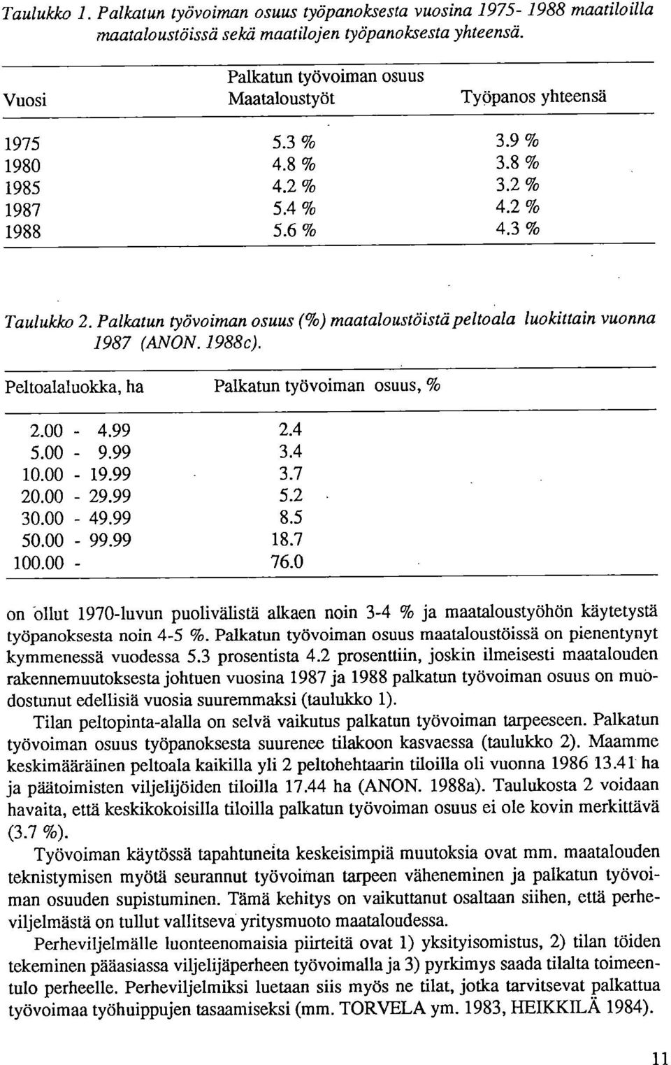 Palkatun työvoiman osuus (%) maataloustöistä peltoala luokittain vuonna 1987 (ANON. 1988c). Peltoalaluokka, ha Palkatun työvoiman osuus, % 2.00-4.99 2.4 5.00-9.99 3.4 10.00-19.99 3.7 20.00-29.99 5.