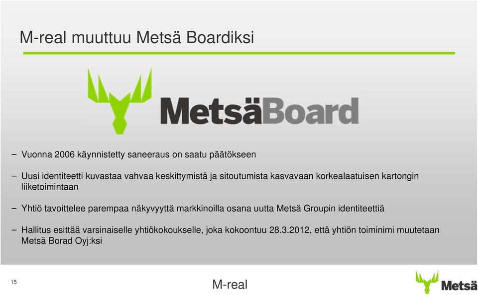 tavoittelee parempaa näkyvyyttä markkinoilla osana uutta Metsä Groupin identiteettiä Hallitus esittää