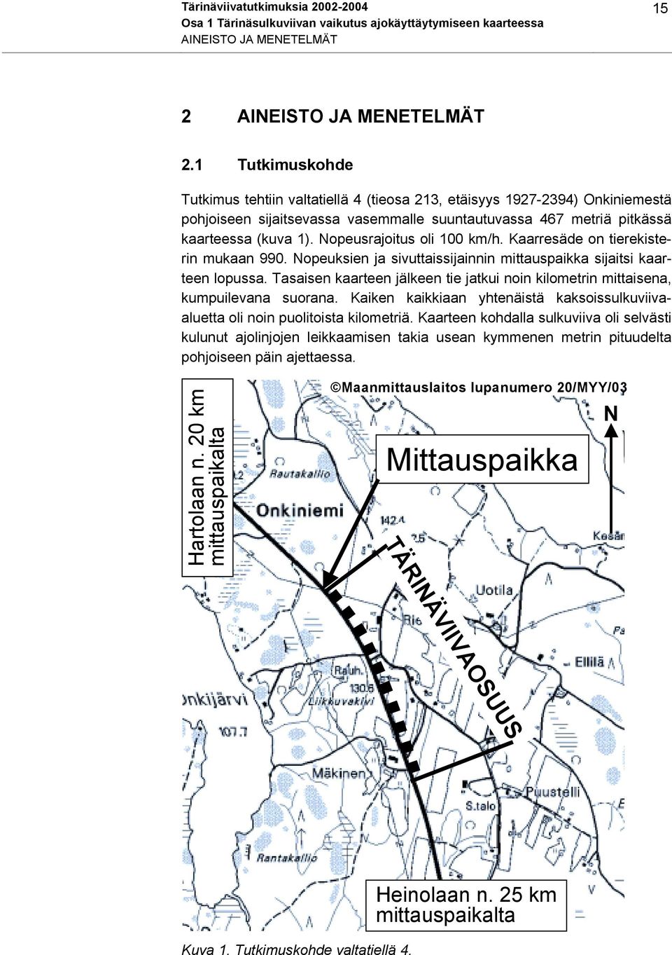 Nopeusrajoitus oli 100 km/h. Kaarresäde on tierekisterin mukaan 990. Nopeuksien ja sivuttaissijainnin mittauspaikka sijaitsi kaarteen lopussa.